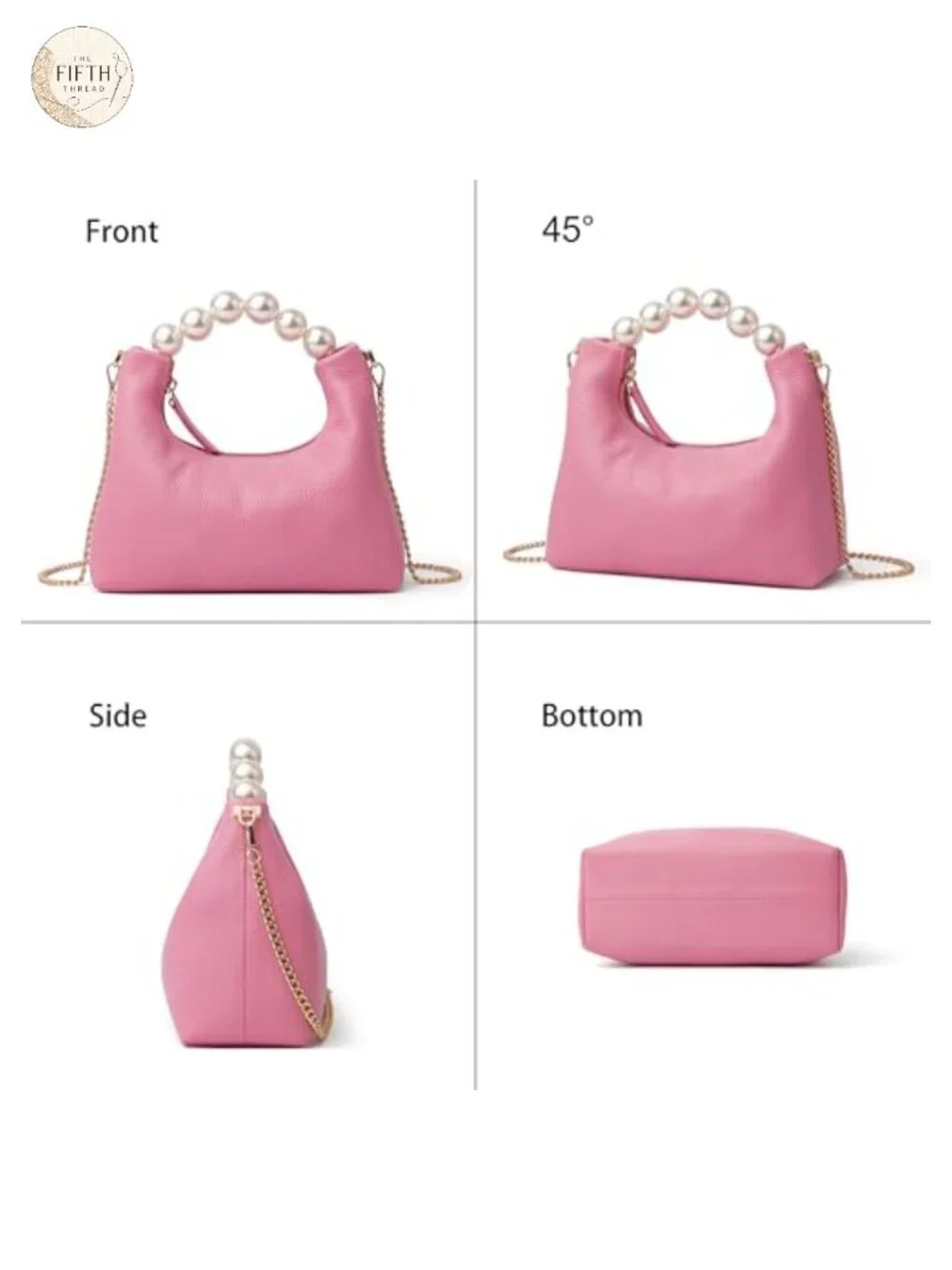 Genuine Leather Top Handle Clutch Purse with Pearl Handle and Detachable Strap